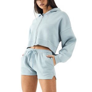 Custom High Quality Soft Cotton Fleece <b>Hoodie</b> set streetwear hip hop oversized cropped zipper <b>hoodie</b> & short 2 piece set 2026 - Product Image 1