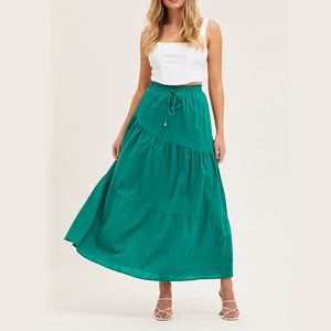 Custom Women's Asymmetric Tier Maxi Skirt Proshah Drawstring Waist Tiered Design Lined 100% cotton Loose Fit lady skirts jade - Product Image 5