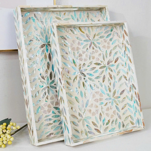 Plateaux de service faits à la main, plateaux décoratifs en nacre, décoration de pièce, plateau de table basse, lot de 2 plateaux - Product Image 2