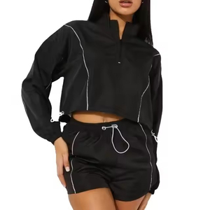 New Arrival Girl's <b>Black</b> Crop Short Two Piece <b>Windbreaker</b> Set Custom Casual Piping Work Nylon Two Piece Jacket Short Sets - Product Image 1