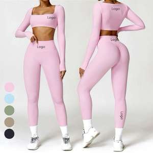 Conjunto Deportivo de Yoga para Mujer, Estilo Urbano, Cuello Cuadrado, Transpirable, Manga Larga, Cintura Elástica, Felpa, para Gimnasio - Product Image 1