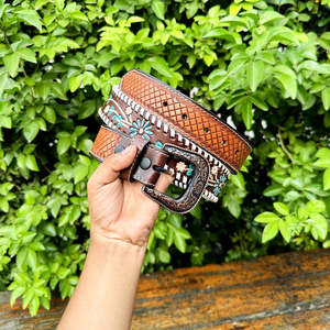 Cinturón Unisex Retro Étnico Vintage de Cuero Genuino de Grano Completo con Diseño de Paisley de Caballo Tallado y Grabado, Hebilla de Aleación - Product Image 2