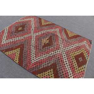 Vintage Rug, Area 4.4x6.3 ft Turkish Rug, <b>Red</b> Pink Abstract <b>Wool</b> Rug - Product Image 3