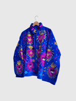 Blouson bleu à col mandarin brodé à la main avec motif géométrique, manches longues, style velours, pour adulte, collection automne
