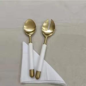 Exclusive Design <b>Gold</b> Metal Salad Server <b>Spoon</b> and Fork Set with White Resin Handle for Dining Table Salad Server Sets - Product Image 3