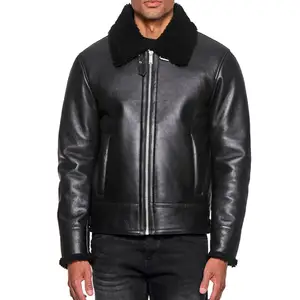 高品质工厂批发定制标志男装拉链飞行黑色皮革飞行员夹克，带剪羊皮领时尚2024