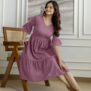 Trendmalls Women's Solid Crepe Flared Pleated Midi Western <b>Dress</b> with Natural Waist (V30-<b>Purple</b>) Plain Dyed - Product Image 1