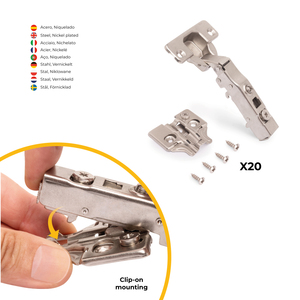 Set Emuca di cerniere diritte 20x91 per mobili chiusura morbida con inserti a vite in acciaio nichelato altezza 0 - Product Image 3