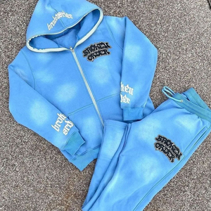 Ensemble de survêtement personnalisé 100 % coton imprimé avec franges, veste pull brodée et pantalon de jogging, coupe-vent color block - Product Image 2