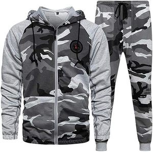 Conjunto de pantalones de chándal con capucha y cremallera completa de camuflaje de invierno para hombre, Jersey atlético de 2 piezas, chándales deportivos informales, transpirable, ecológico - Product Image 1