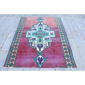4.7x6.3 ft Rug, Turkish Vintage Rug, <b>Red</b> Blue Southwestern <b>Wool</b> Rug - Product Image 1