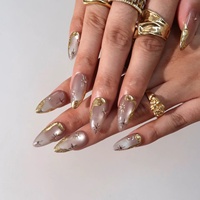 Ongles press-on de luxe entièrement faits à la main, dorés et chromés, couleur nude rose, réutilisables, avec strass, OEM ODM, marque privée