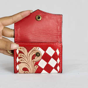 New Luxury Handmade Genuine Leather <b>Card</b> Holder Red White Checkered Embossing Vintage Button Closure Women Short <b>Wallet</b> - Product Image 4
