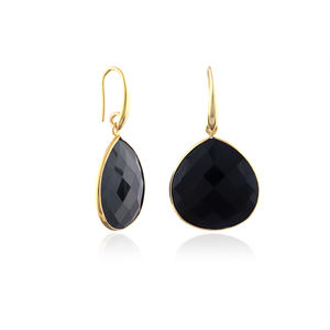 Boucles d'oreilles pendantes en onyx noir taille checker, plaquées or 18 carats, serties en forme de cœur, pour femmes, vente en gros de bijoux en pierres précieuses - Product Image 2