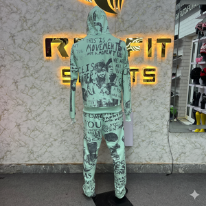 Unisex Streetwear Tracksuit Full <b>Zip</b> <b>Hooded</b> Sweatshirt Pants Set Mint Green Printed Slogan Design Autumn Wear - Product Image 2