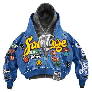 Custom Eco-Friendly Windproof Plus Size Cropped Distressed Zip Sweatsuit Rhinestone Streetwear Tracksuit Baggy Shorts Winter Set - Product Image 2