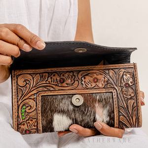 Style occidental fait à la main pour femmes peau de vache en cuir véritable Long portefeuille haut de gamme usiné sculpture conception doublure en Nylon couverture fermeture - Product Image 4