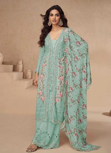 Ensemble Salwar Kameez Palazzo prêt-à-porter pour femmes, imprimé floral, broderie lourde, soie Airtex Chinon, coupe régulière, séchage rapide - Product Image 3