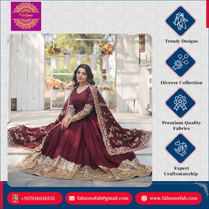 Vestido Anarkali de lujo en color rojo, estilo indio, tradicional, completamente cosido, de georgette sintética pesada, con dupatta, conjunto para mujer, para boda. - Product Image 3