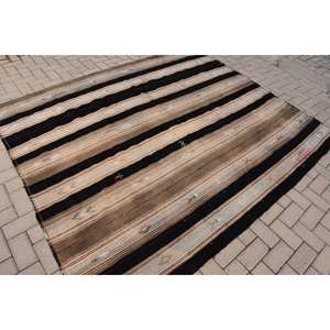 Alfombra de lana de área grande a rayas tradicionales marrón negro 6,6X7,8 pies diseño de retazos rectangulares para sala de pasillo látex para cabecera - Product Image 2