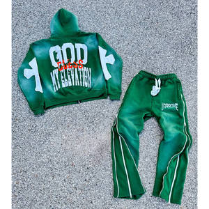 Conjunto Deportivo Unisex Personalizado de Invierno, Estilo Urbano, Color Sólido, con Logotipo Bordado, Efecto Desgastado por el Sol, Sudadera con Capucha y Parches, Pantalones con Cremallera Doble - Product Image 4