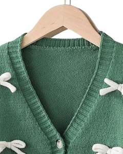 Customized Women Olive Green <b>Cropped</b> Knit Cardigan Sweater With <b>White</b> Bow Applique V Neck Button Front Cute Winter Fashion <b>Top</b> - Product Image 4