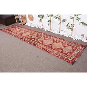 พรมถักสไตล์ตุรกีวินเทจสีแดงสีเบจ2.7x11.7ฟุตปอกระเจาสานแบนมีลวดลายปะติดลาเท็กซ์ด้านหลังสำหรับ9x12ขนาดโถงทางเดิน - Product Image 1
