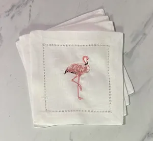 Monogrammed Linen Coaster Personalized Beverage Napkins Hemstitched Cocktail Party Napkin Flamingo Linen Embroidered Cocktail