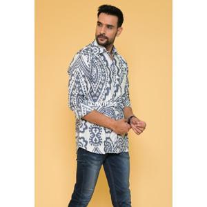 Camisa con estampado Ikat azul hecha a mano cómoda 100% algodón Floral verano Casual ropa de playa bloque impreso con colores azul blanco - Product Image 3