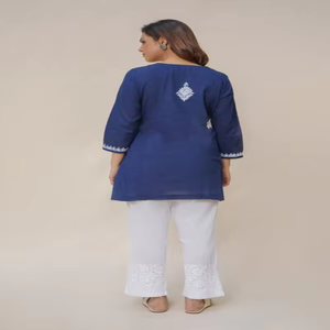 เสื้อคลุมผ้าฝ้ายแท้แฟชั่นสำหรับผู้หญิงเสื้อคลุมยาวแบบดั้งเดิม chikankari สีน้ำเงิน - Product Image 2