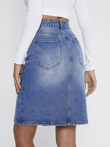 Minifalda Vaquera Recta Sexy de Moda para Mujer, Abertura Frontal, Lavada, para Primavera Verano, Ecológica, Diseño Sólido con Logotipo en la Cintura - Product Image 2