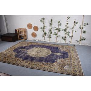 Vintage Rectangular Jute Rug Handmade Blue <b>Yellow</b> <b>Wool</b> Patchwork with Abstract Puzzle Pattern 7.8 X 11.5 ft Latex Area Rugs Sets - Product Image 2