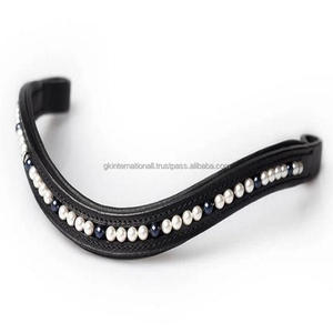 Serre-tête à sourcils anglais, en cuir rembourré, cristaux bleu et bleu clair, en forme de poney, ondulations - Product Image 5