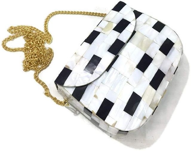Black White Checkered Metal Handcrafted Clutch Bag with Gold Chain Strap Modern High Quality Custom Gift Accessories