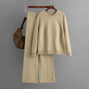 Automne hiver croix col rond couleur unie pull torsion tricot femmes chaud hiver deux pièces tricot pull ensembles - Product Image 5