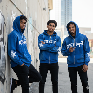 Sudadera con Capucha Azul Rey con Estampado en la Parte Delantera y en las Mangas |   Sudadera con Capucha Estilo Urbano con Efecto Desgastado por el Sol, Sudadera con Cierre |   Chaqueta Urbana Premium - Product Image 5