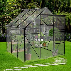 LIVRAISON À DOMICILE Serre de jardin extérieure tout temps en polycarbonate robuste en aluminium noir 6x6 pieds avec base surélevée et ancrage - Product Image 1