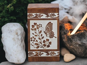 Handmade Sheesham Wood Cremation Urn Butterfly & Floral Inlay <b>Keepsake</b> <b>Box</b> Cremation urns For Adult Ashes - Product Image 4