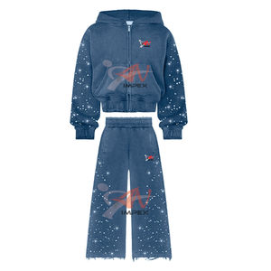 Ensemble de survêtement unisexe en deux pièces avec pantalon de survêtement à pattes évasées et sweat à capuche zippé, orné de strass de haute qualité, effet délavé à l'acide, style vintage - Product Image 5