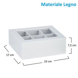 Scatola da tè in legno bianco a 6 vano 23x17x7.5 cm Organizer coperchio trasparente per la conservazione da cucina tè tisane capsule caffè - Product Image 2