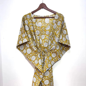Bloque de mano estampado Floral Kaftan Casual hasta el suelo ropa de dormir vestido 100% algodón Natural verano vacaciones Bikini vestido para mujer - Product Image 1