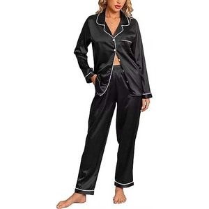 Venta al por mayor cuello vuelto transpirable manga larga Loungewear seda satén personalizado ligero elegante pijamas para mujer ropa de dormir - Product Image 6