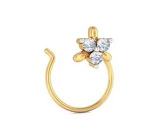 Gorgeous Three Stone Real Round Diamond <b>Studded</b> <b>Nose</b> Pin in 14K Yellow <b>Gold</b> for Women - Product Image 1