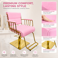 Fauteuil de coiffure de luxe rose doré, chaise de barbier hydraulique avec base carrée, repose-pieds et accoudoirs en fil métallique