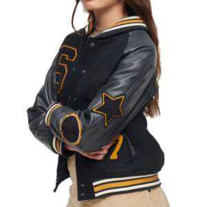 Vestes universitaires personnalisées, durables, en laine, manches en simili cuir souple, col côtelé, poignets et ourlet, caractéristiques : rayures jaunes et blanches - Product Image 3