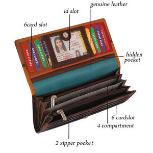 Cartera triple de cuero genuino personalizada para mujer con cierre de botón Forro de algodón Clip de dinero para varias tarjetas Embrague de cuero de longitud larga - Product Image 2