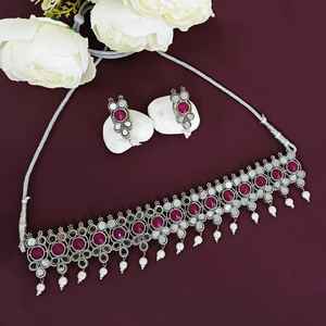 Indian Traditional <b>Silver</b> Plated Oxidized Choker Necklace Supplier Crystal Floral Wedding Jewellery Set For Women - Product Image 2