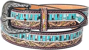 Nuevos diseños Cinturones hechos a mano de cuero real Cinturones occidentales con estilo de cuero Cinturones de color turquesa unisex India - Product Image 2