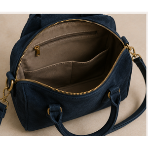 Modern <b>Navy</b> Blue Cow Suede Handbag for Women-Genuine Suede Leather <b>Tote</b> Shoulder <b>Bag</b> with Zipper Closure Pillow Pattern - Product Image 2