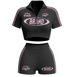 Ensemble de survêtement personnalisé OEM pour femmes, t-shirt à manches courtes avec bande latérale et short d'été assorti de qualité, motif uni - Product Image 4